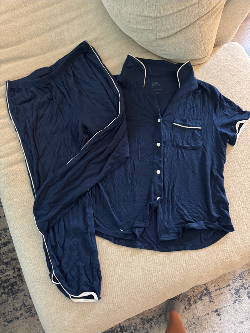 Navy Capri Pajama Set with White Piping
